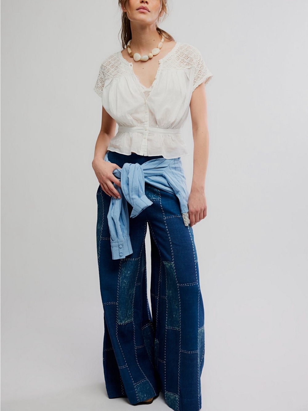 Free People Patches Wide-Leg Flare Jeans Pants Patchwork Boho Blue $248 - Picture 4 of 6